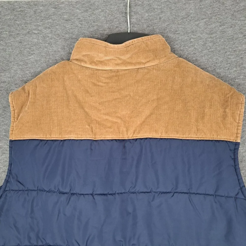 J.Crew Men's Puffer Vest Navy‎ Blue with Brown Corduroy Trim Size XL